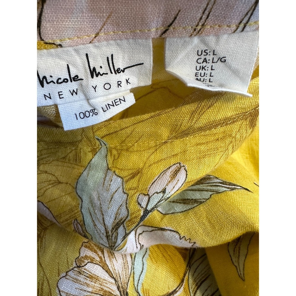 Nicole Miller 100% Linen Yellow Floral Button Back Boxy Top Large Lagonlook - Picture 6 of 12